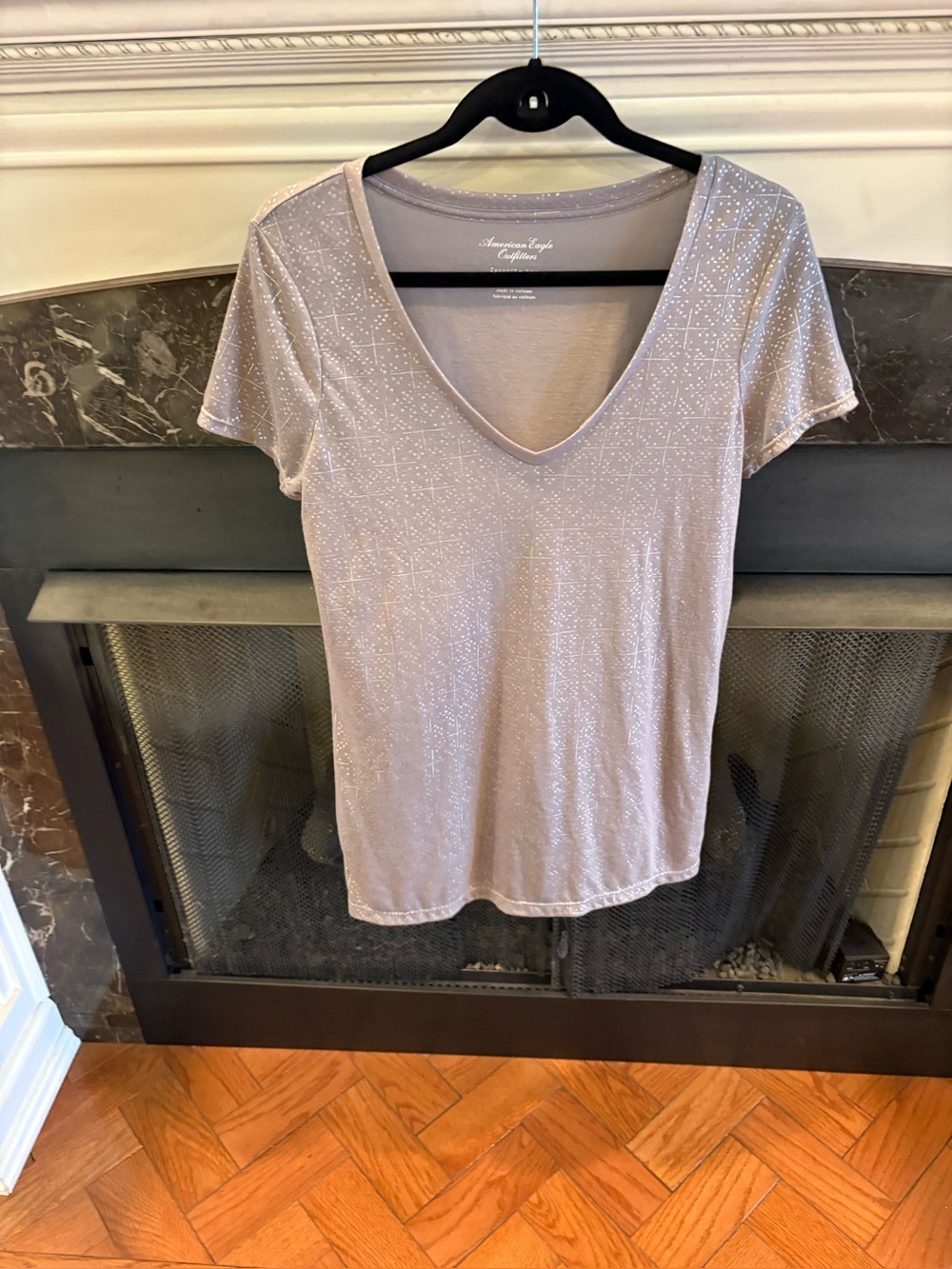 American Eagle Outfitters gray with silver designs V-Neck Short Sleeve Top
